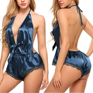 Pyjama Satin Sexy Combinaison Dos Nu Et En Décolleté
