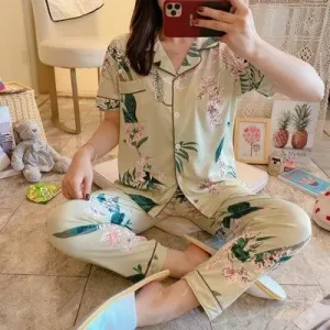 Ensemble Pyjama Pantalon À Imprimé Feuille