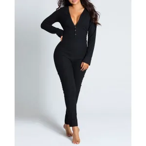 Combinaison Pyjama Sexy Décolleté En V À Manches Longues