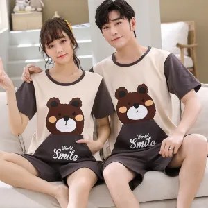 Pyjama Duo Couple 2 Pièces T-short Et Short À Motif Nounours