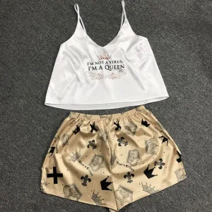 Pyjama Short Satin Femme À Motifs Couronne Reine
