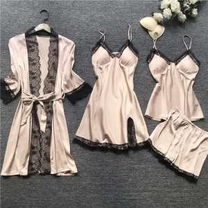 Ensemble Pyjama Dentelle Beige 4 Pièces