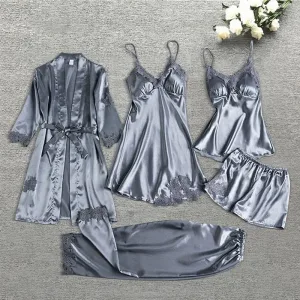 Ensemble Pyjama Dentelle Gris 5 Pièces