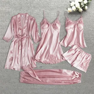 Ensemble Pyjama Dentelle Rose 5 Pièces