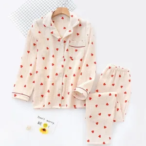 Pyjama Coton Beige Imprimé Coeur